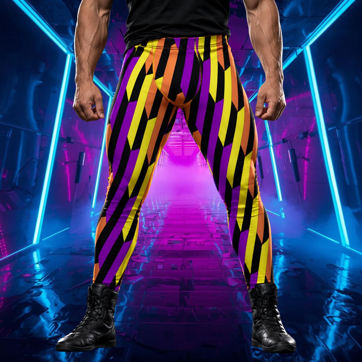 man wearing leggings with purple, black orange and yellow geometric shapes in a Disruption wrestling style