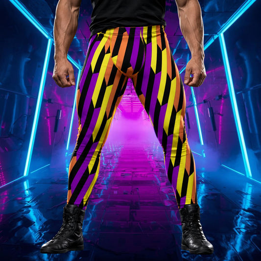 man wearing leggings with purple, black orange and yellow geometric shapes in a Disruption wrestling style
