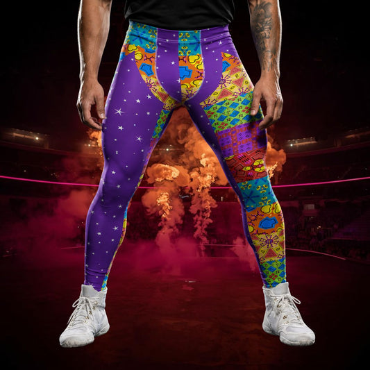 man wearing purple kitsch wrestling tights in glam spectacle stance in wrestling arena