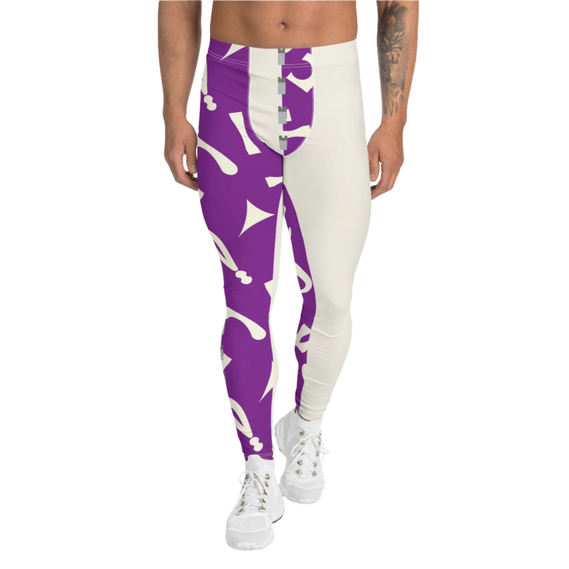 Purple and white fun retro pro wrestling tights for men. 80s Memphis style leggings for guys with alternating colors and geometric shapes. Fashion meggings and party outfit.