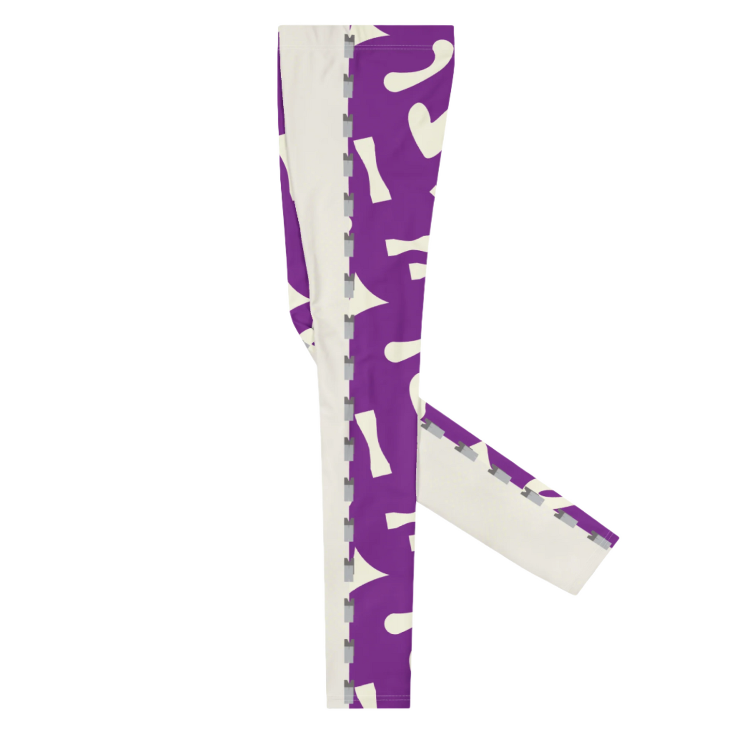 Purple and white fun retro pro wrestling tights for men. 80s Memphis style leggings for guys with alternating colors and geometric shapes. Fashion meggings and party outfit.