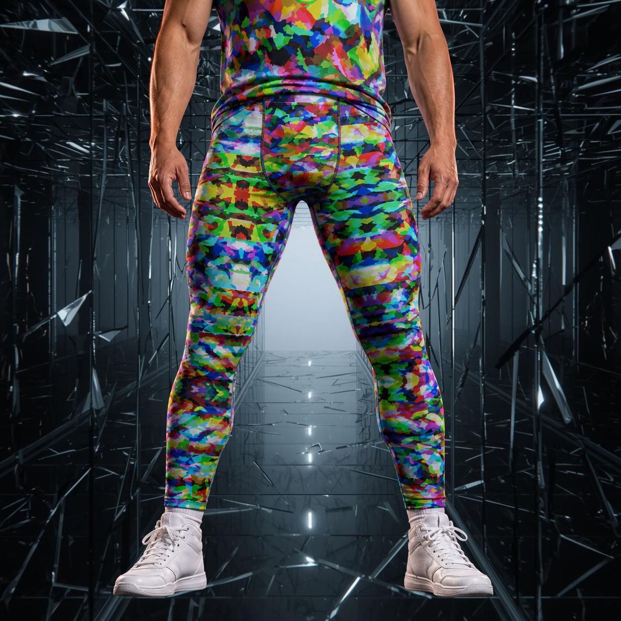 man wearing rainbow camouflage leggings