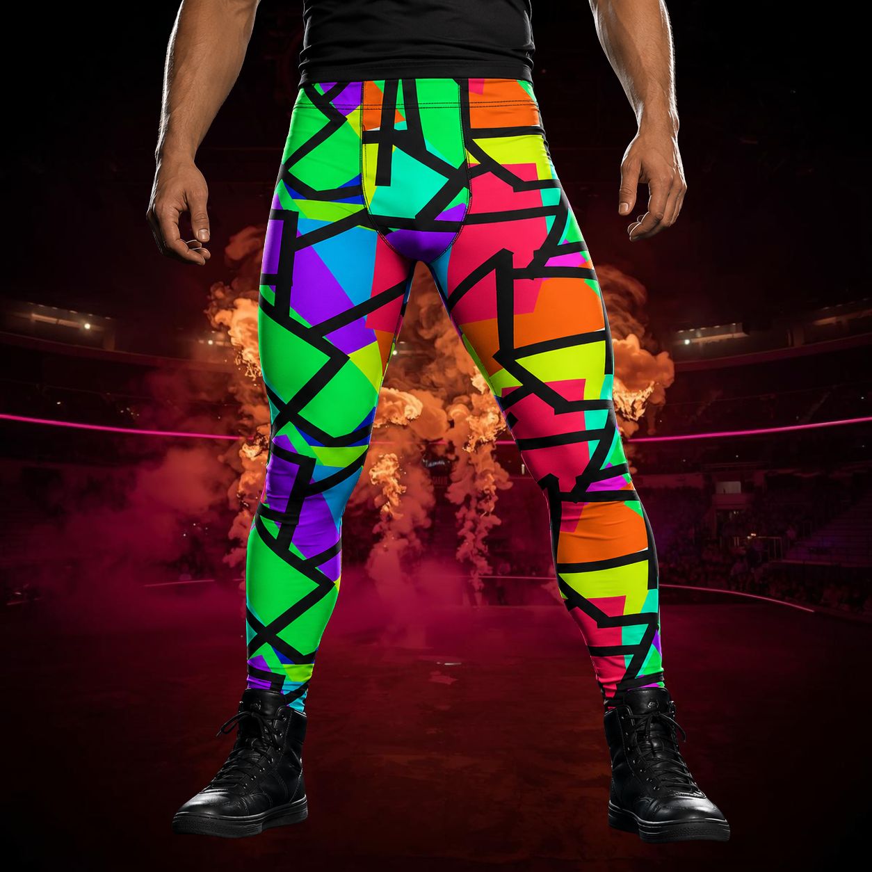 Man wearing bold leggings in geometric rainbow color blocks with black overlays