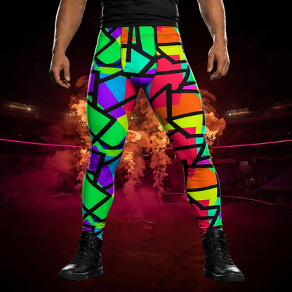 Man wearing bold leggings in geometric rainbow color blocks with black overlays