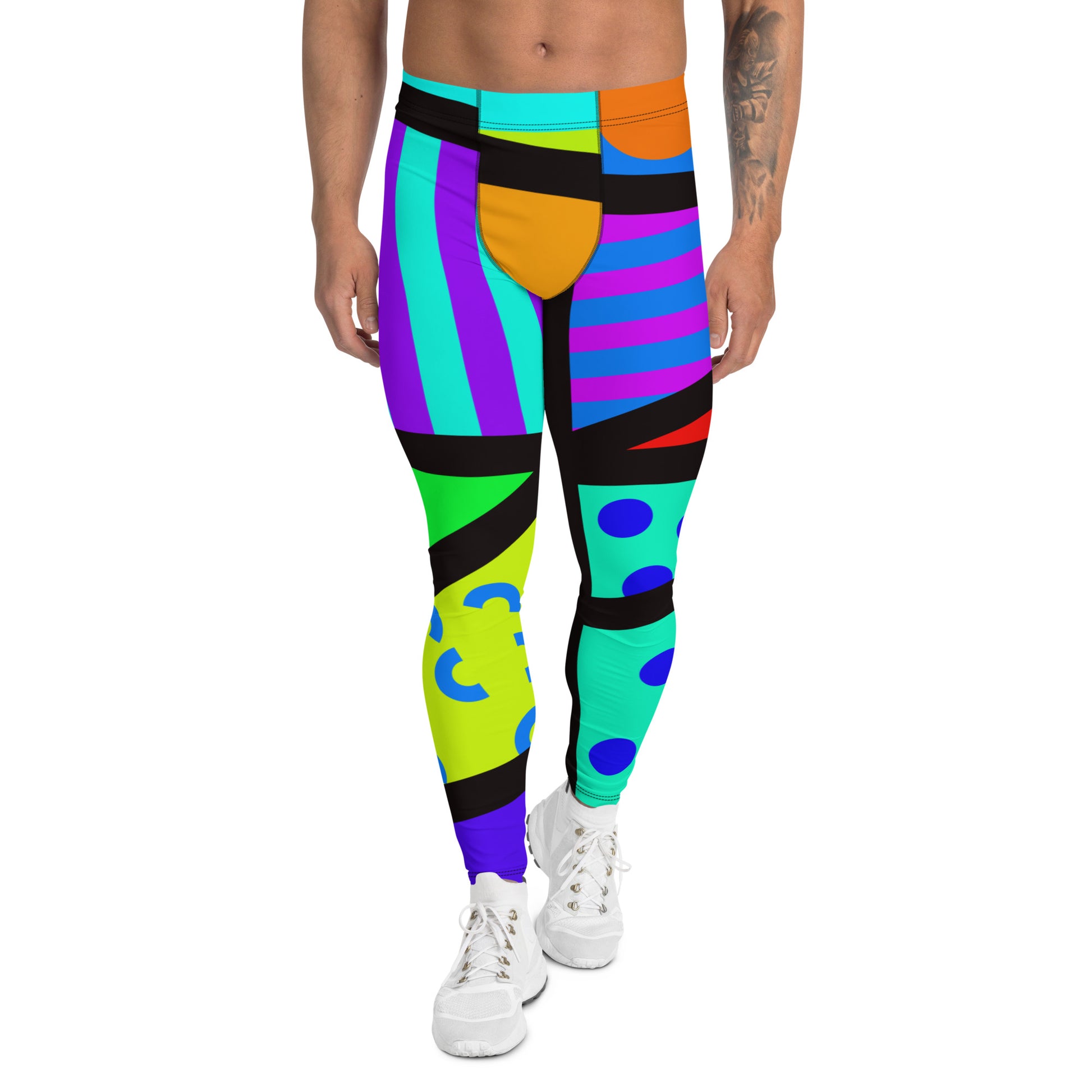 Geometric rainbow patterned leggings for men in colorful tones of pink, blue, purple, orange, red with a black overlay on these unique mens compression pants meggings by BillingtonPix