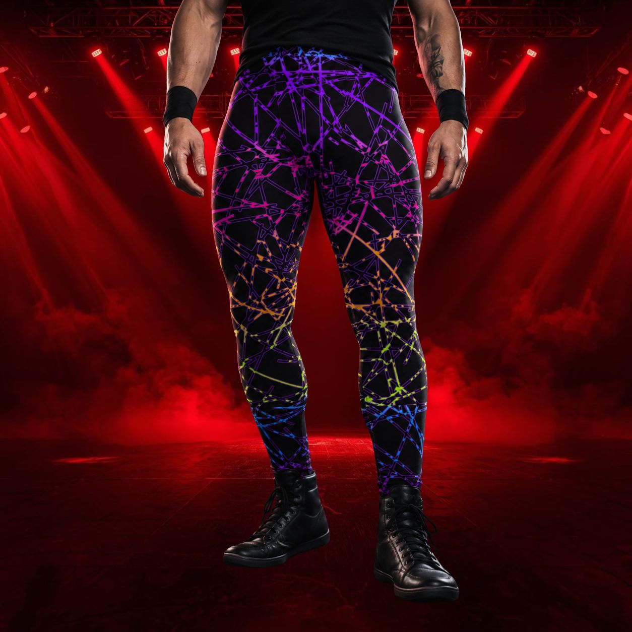man wearing black leggings with rainbow geometric design in synthwave  style in a gothic stage with red lights