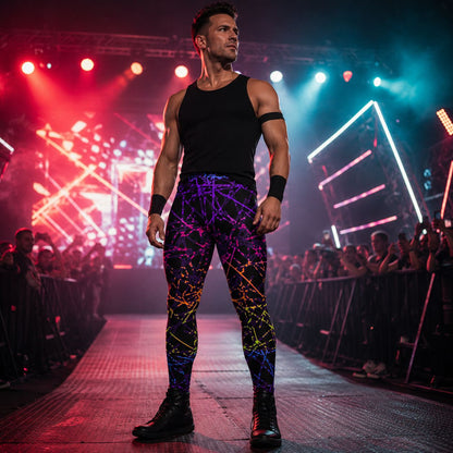 man wearing black leggings with rainbow geometric design in synthwave  style at a wrestling event on stage in an arena