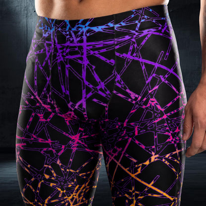 man wearing black leggings with rainbow geometric design in synthwave style - in closeup