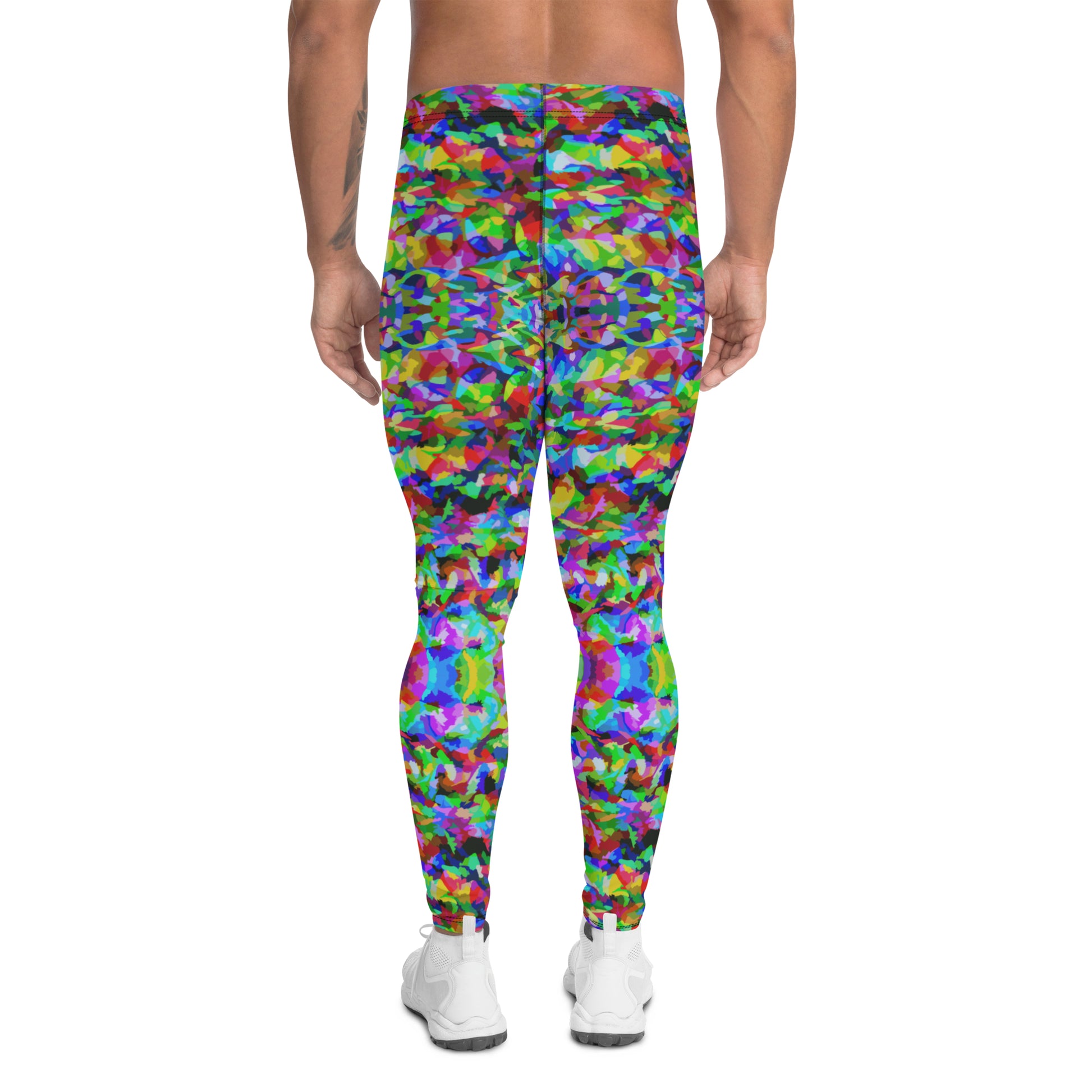 Mens leggings in a trippy psychedelic LGBT rainbow pattern. Geometric fuzzy pattern in rainbowcore all-over print fashion meggings for Gay Pride.