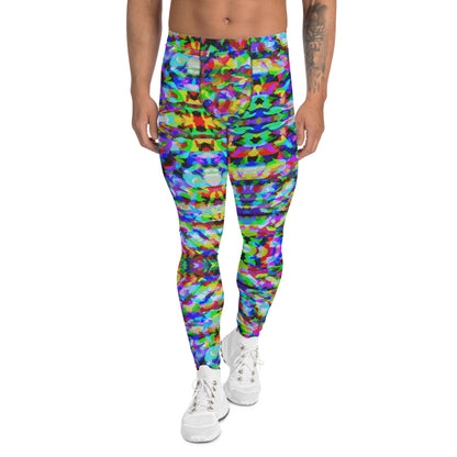 Mens leggings in a trippy psychedelic LGBT rainbow pattern. Geometric fuzzy pattern in rainbowcore all-over print fashion meggings for Gay Pride.