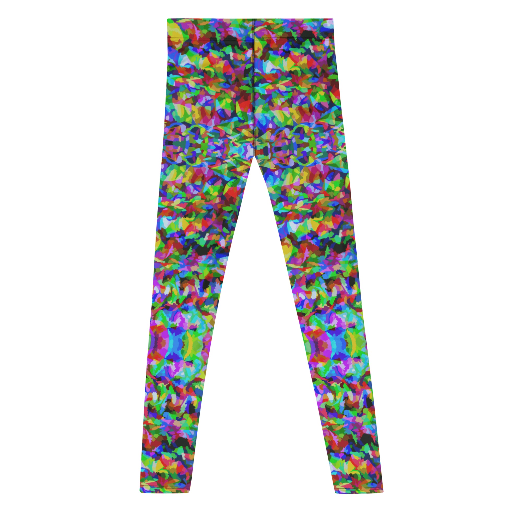 Mens leggings in a trippy psychedelic LGBT rainbow pattern. Geometric fuzzy pattern in rainbowcore all-over print fashion meggings for Gay Pride.