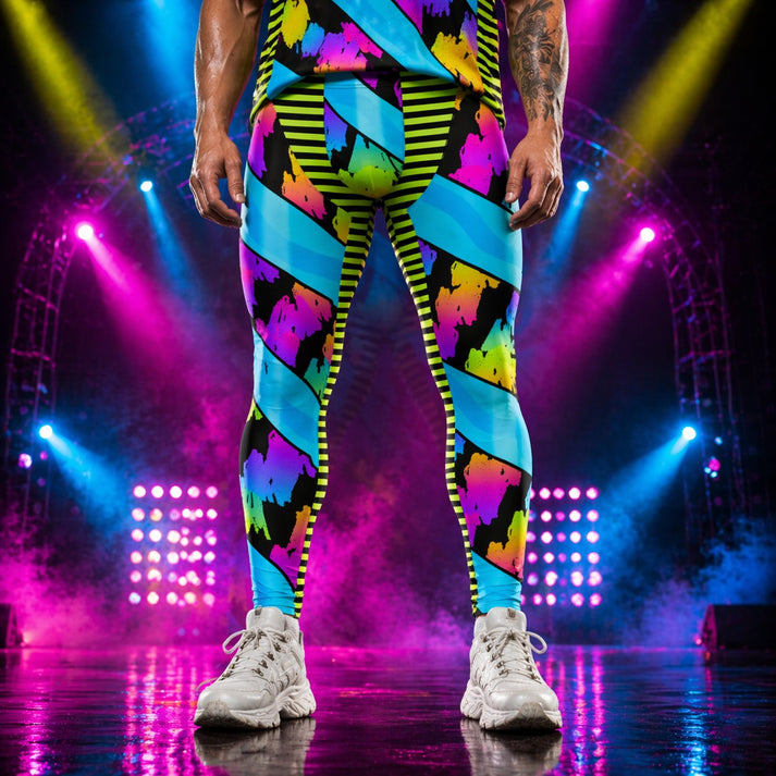Person trägt kräftig gestreifte Wrestling-Tights in Regenbogenfarben und Blau auf einer Bühne mit Lichteffekten