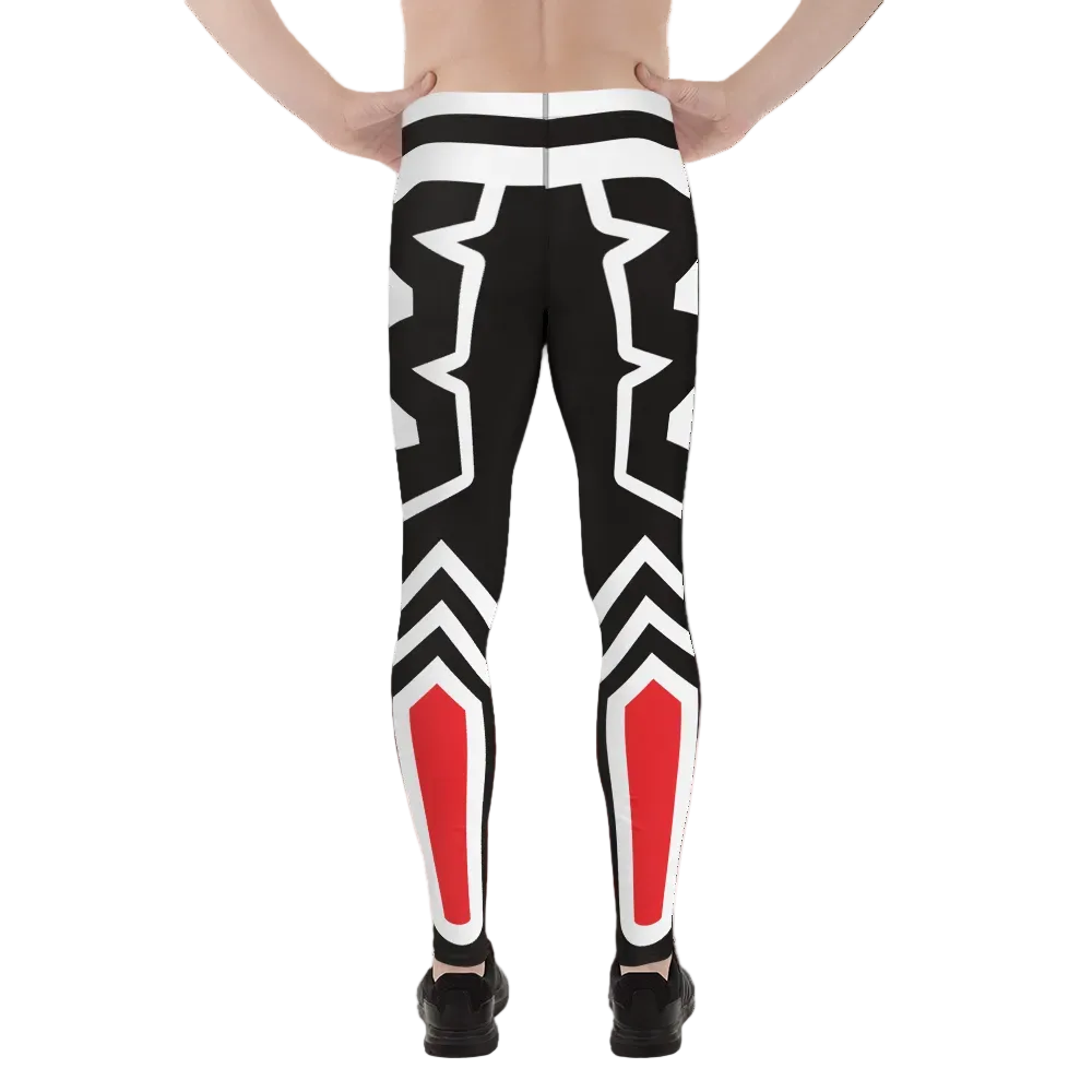 Black and white leggings with red accents worn by a person on a white background