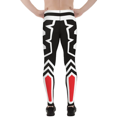Black and white leggings with red accents worn by a person on a white background