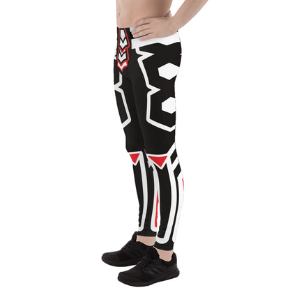 Black leggings with white and red designs worn by a person on a white background