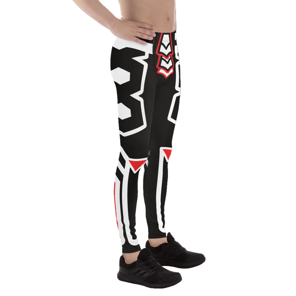 Black leggings with white and red patterns worn by a person on a white background