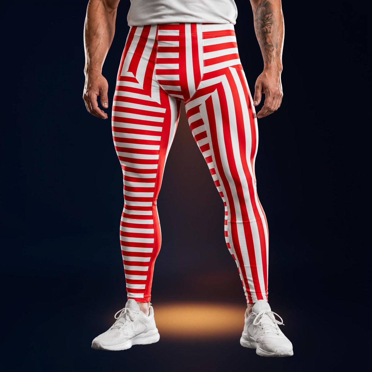 man wearing red and white striped leggings with front insets in a retro style