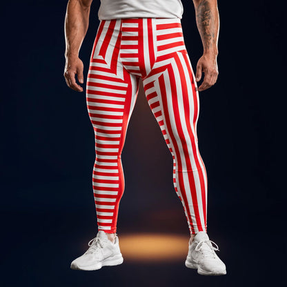 man wearing red and white striped leggings with front insets in a retro style