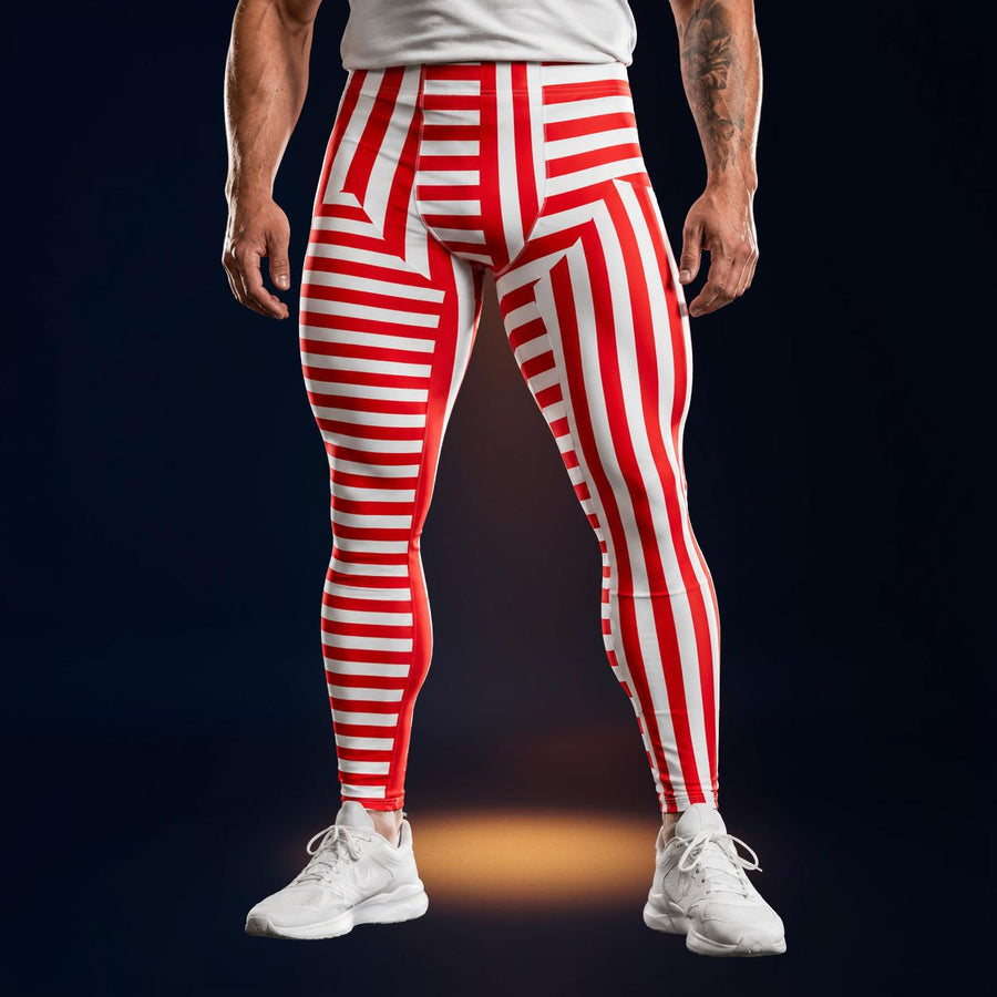 man wearing red and white striped leggings with front insets in a retro style