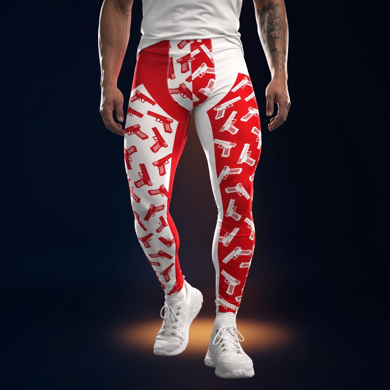 man wearing red and white leggings with front insets containing pistols in alternate colors
