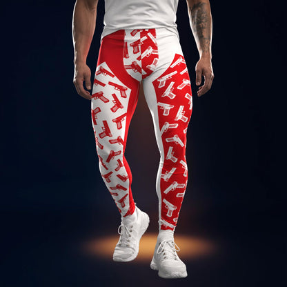 man wearing red and white leggings with front insets containing pistols in alternate colors