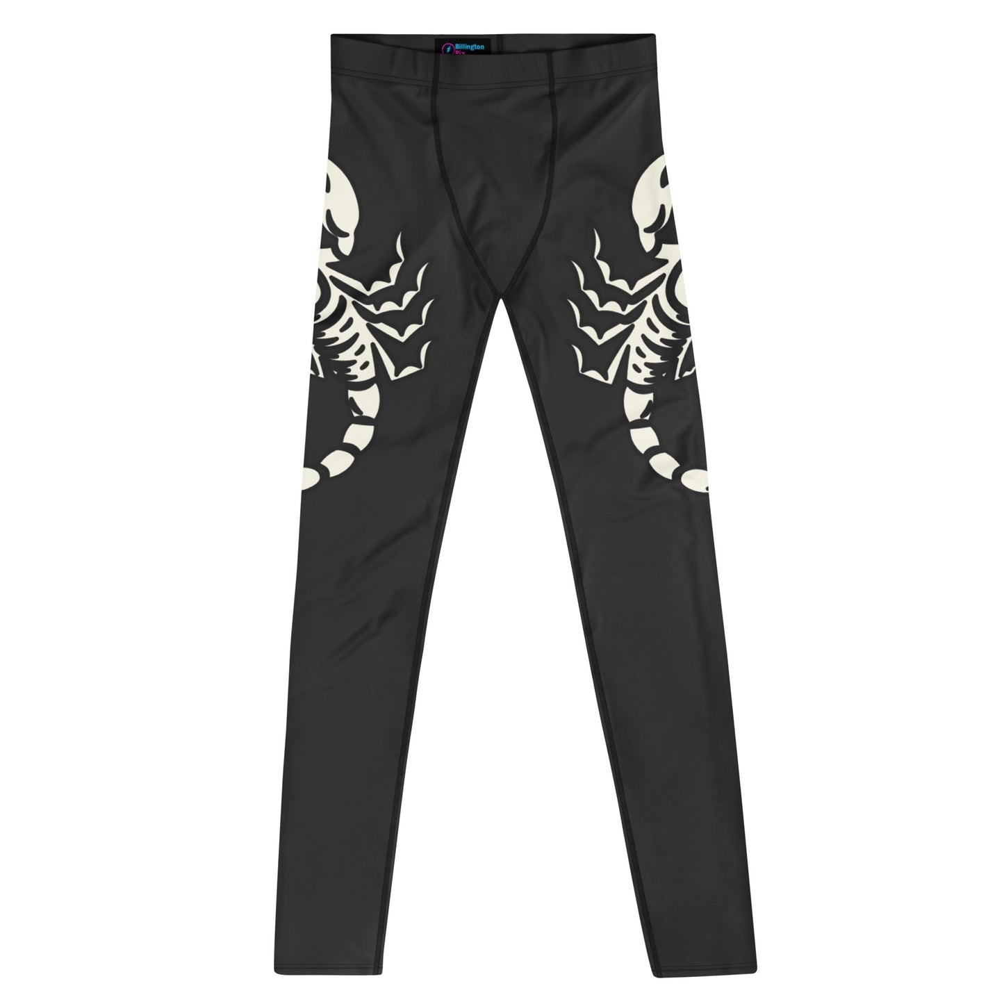 Flat lay of black men’s wrestling leggings with white scorpion print