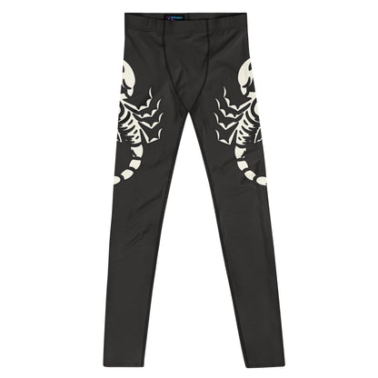 Flat lay of black men’s wrestling leggings with white scorpion print