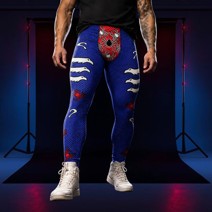 man wearing blue, red, white leggings with spiders, eagles and question marks