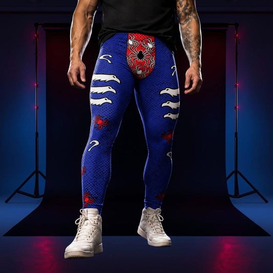 man wearing blue, red, white leggings with spiders, eagles and question marks