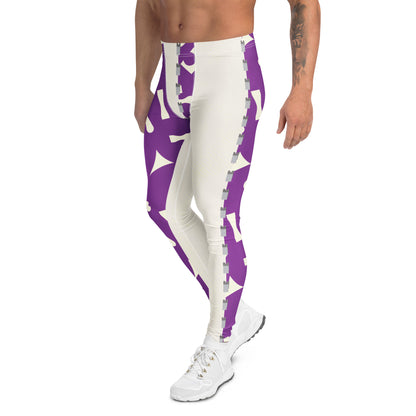 Person wearing purple and white retro 80s Memphis patterned wrestling tights with alternate split design panels facing left