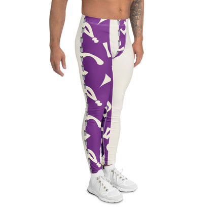 Person wearing purple and white retro 80s Memphis patterned wrestling tights with alternate split design panels facing right
