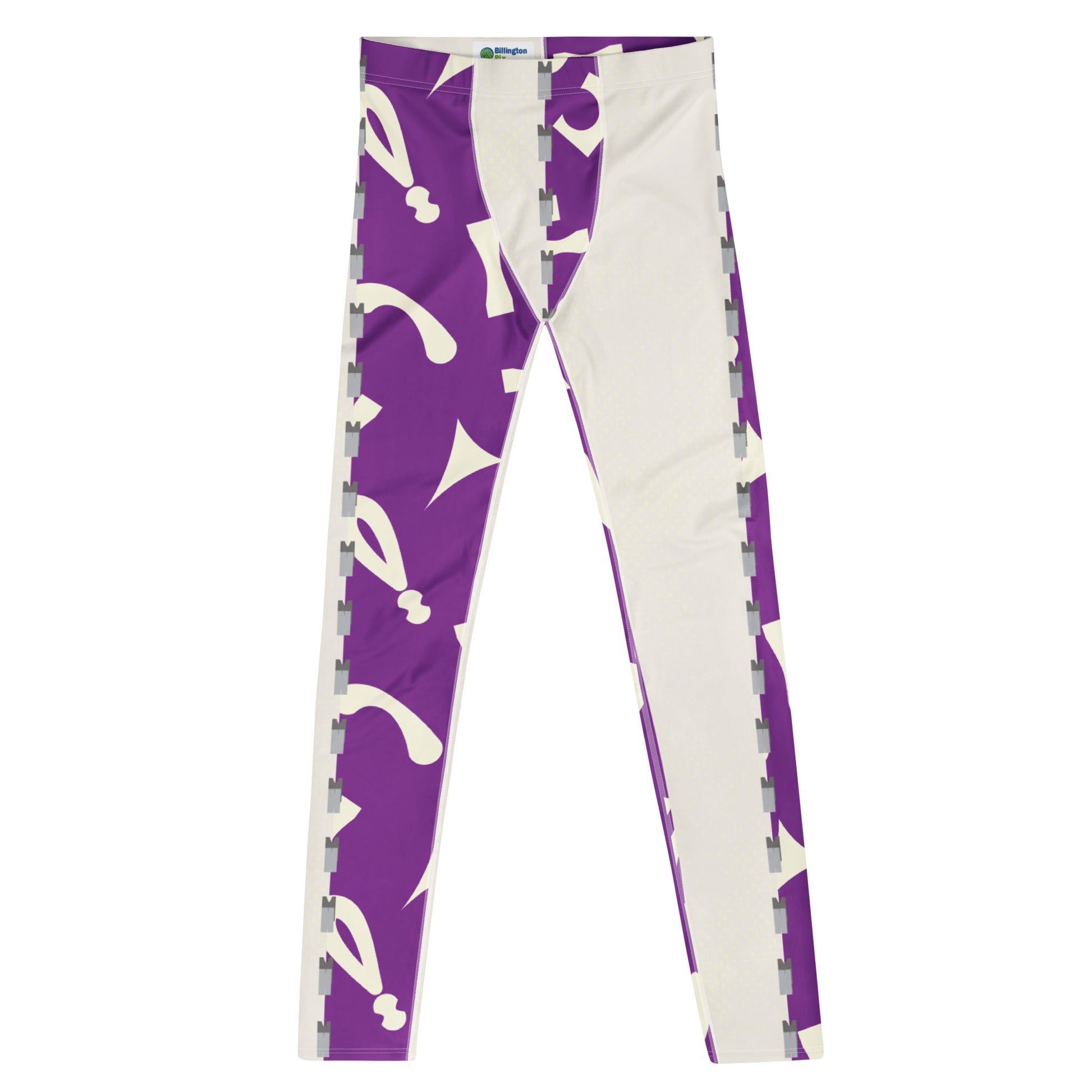 Front view of purple and white retro 80s Memphis patterned wrestling tights with alternate split design panels laid flat