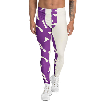 Person wearing purple and white retro 80s Memphis patterned wrestling tights with alternate split design panels facing fowards