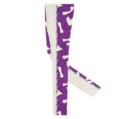 Side view of purple and white retro 80s Memphis patterned wrestling tights with alternate split design panels laid flat to the left