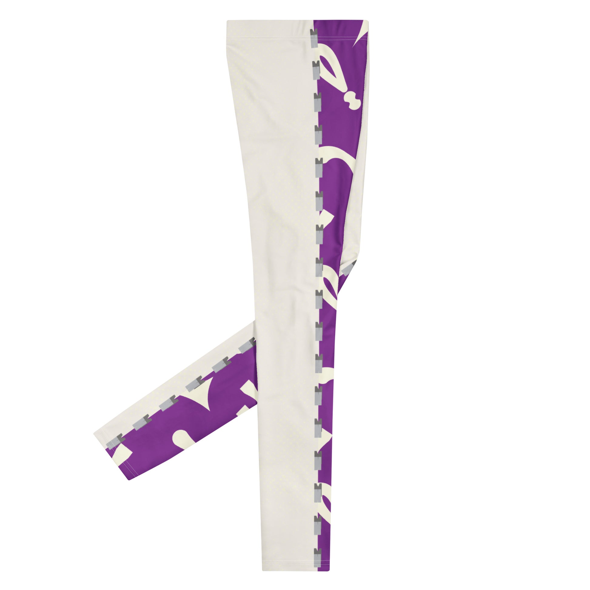 Side view of purple and white retro 80s Memphis patterned wrestling tights with alternate split design panels laid flat to the right