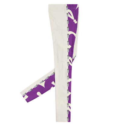 Side view of purple and white retro 80s Memphis patterned wrestling tights with alternate split design panels laid flat to the right