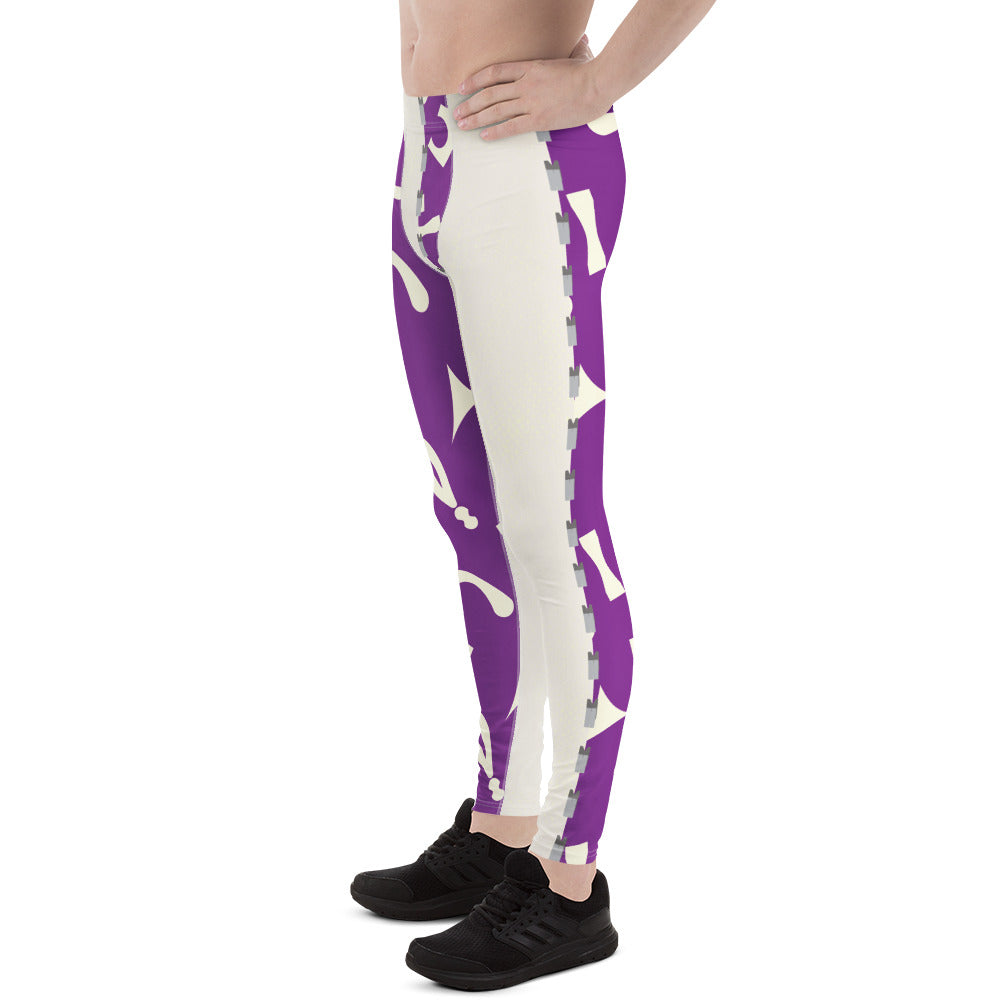 Side view of slim person wearing purple and white retro 80s Memphis patterned wrestling tights with alternate split design panels facing to the left