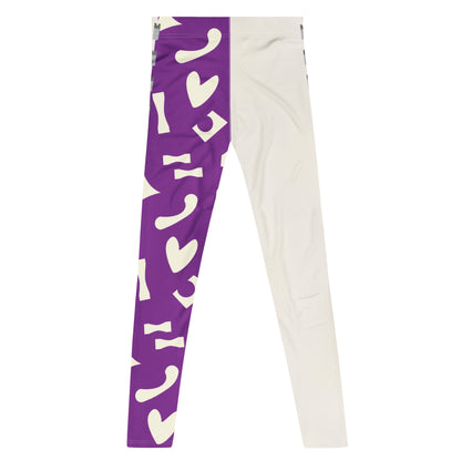 Rear view of purple and white retro 80s Memphis patterned wrestling tights with alternate split design panels laid flat