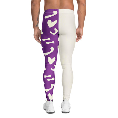 Person wearing purple and white retro 80s Memphis patterned wrestling tights with alternate split design panels facing backwards