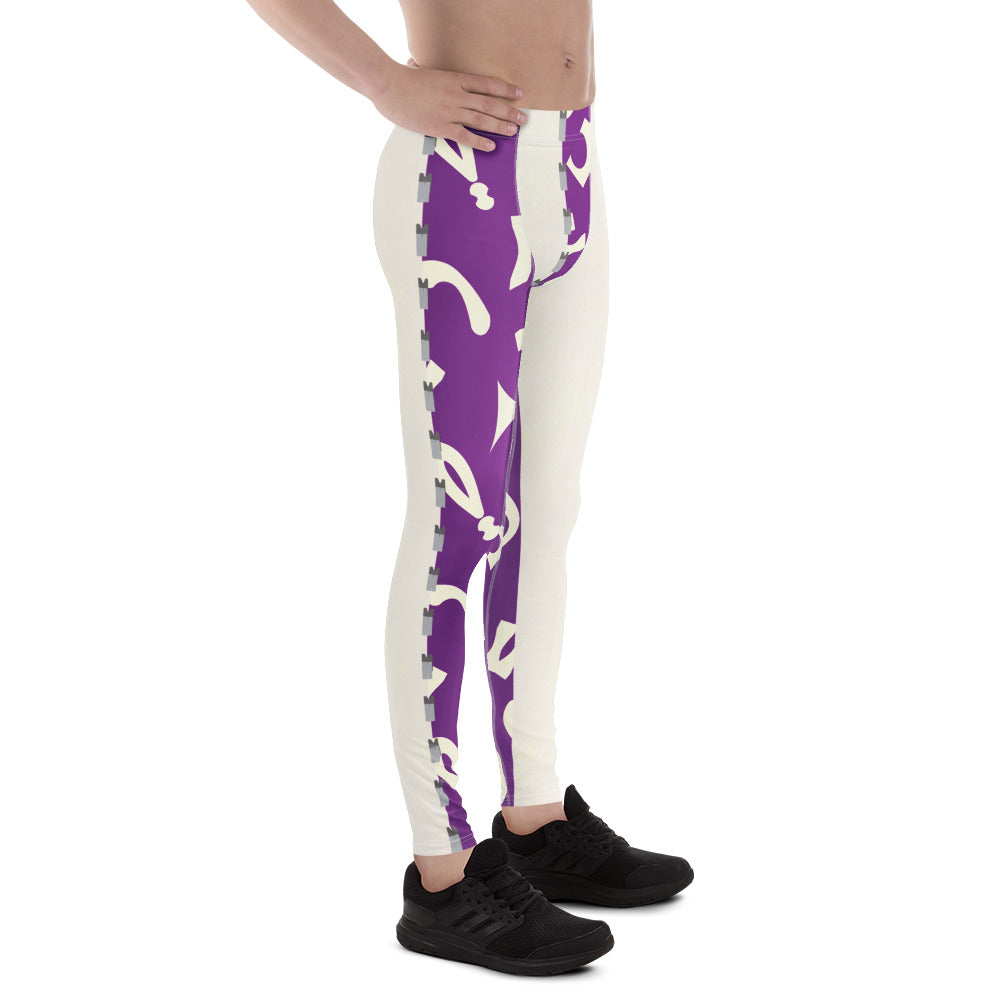 Side view of slim person wearing purple and white retro 80s Memphis patterned wrestling tights with alternate split design panels facing to the right 