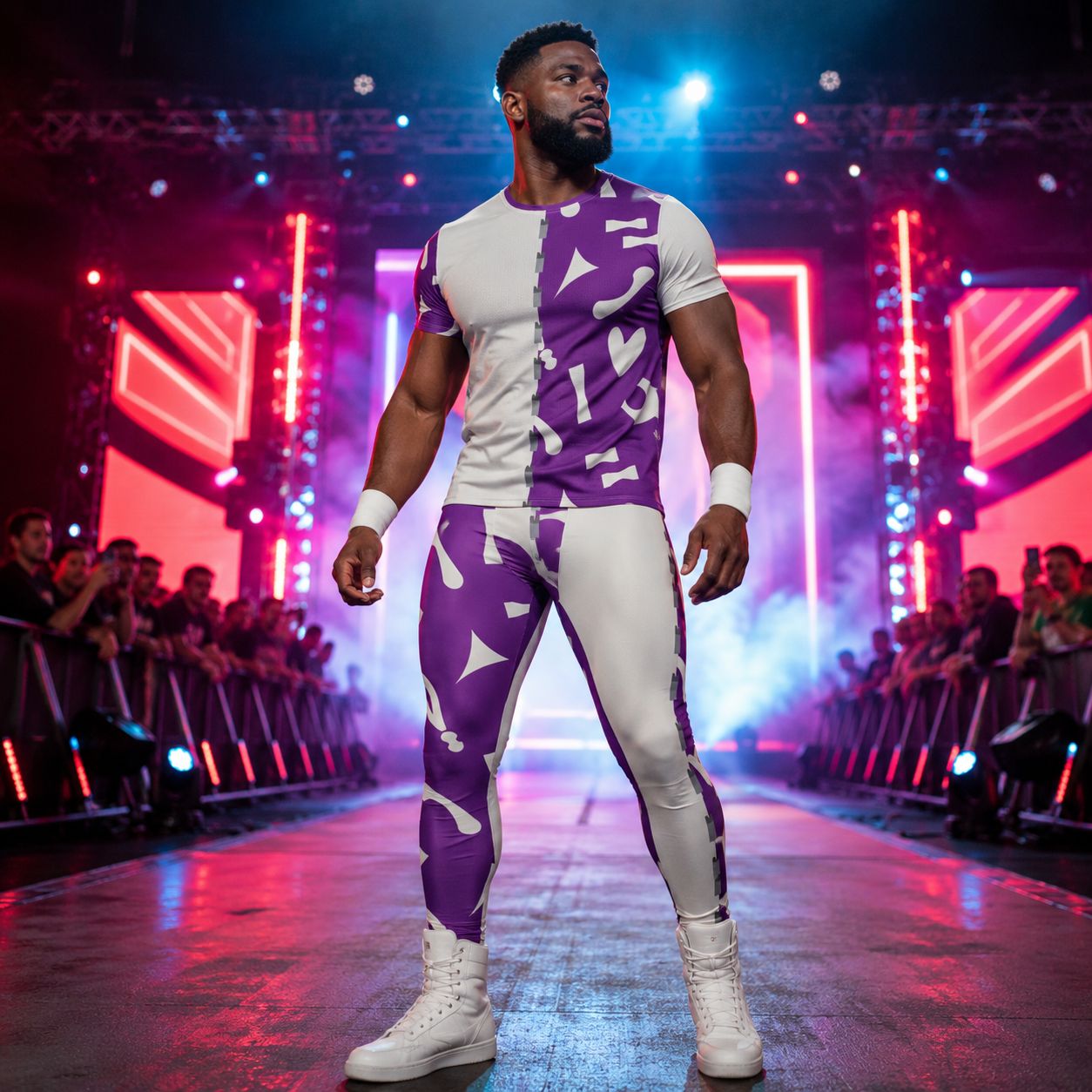 man wearing leggings and matching t-shirt with purple and white split design in a retro 80s memphis design