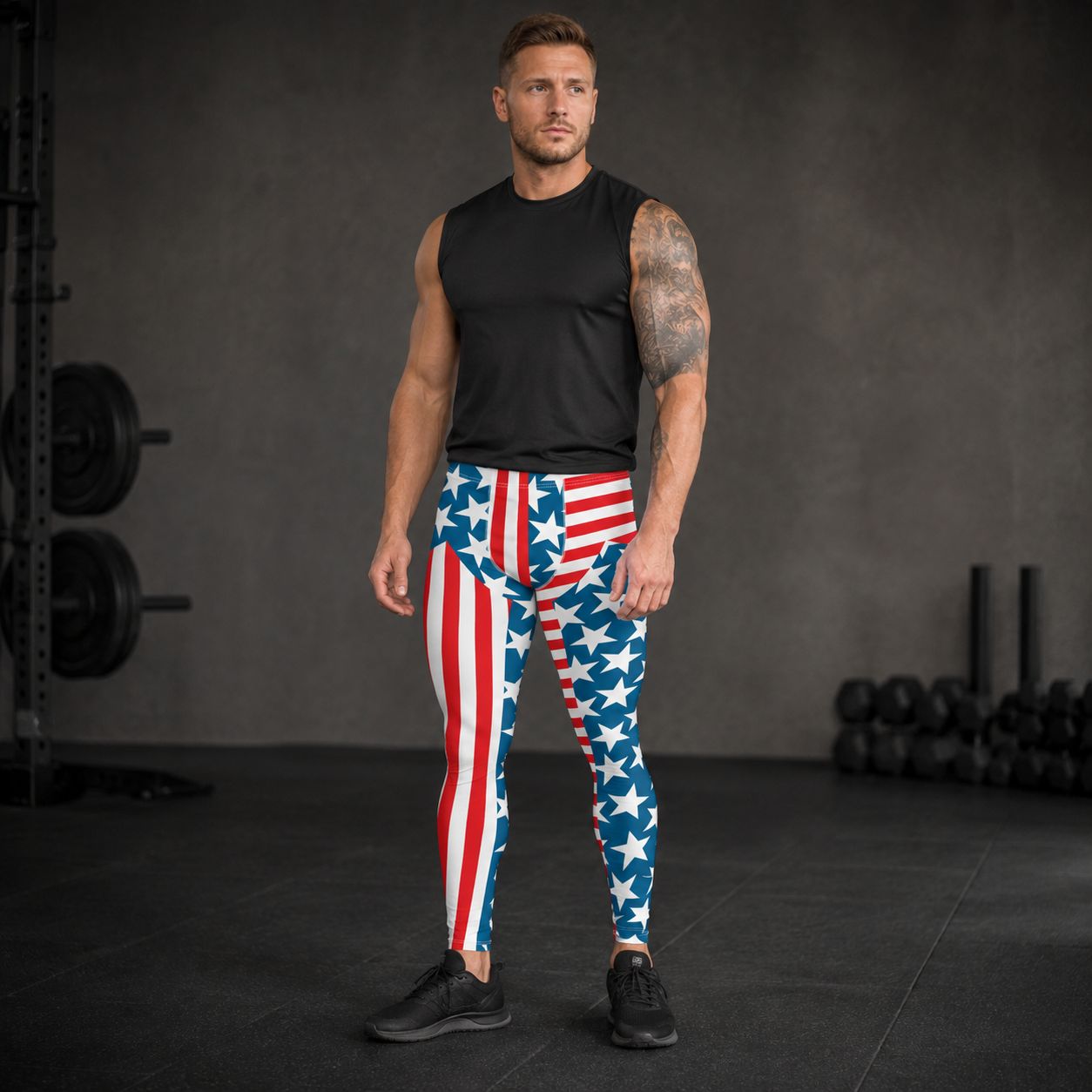 Man wearing American flag leggings in a gym setting