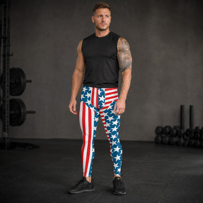 Man wearing American flag leggings in a gym setting
