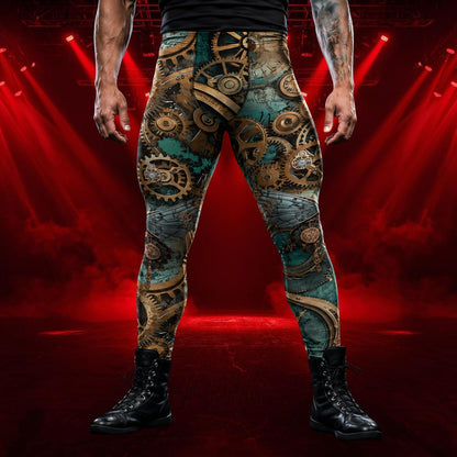 Man wearing leggings with green and gold horological design in a steampunk style