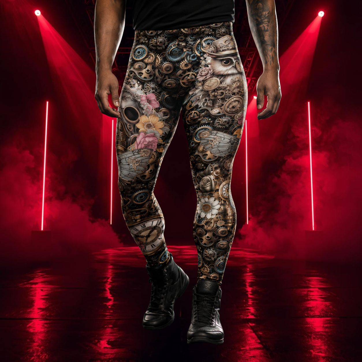 Man wearing steampunk leggings in a dark style