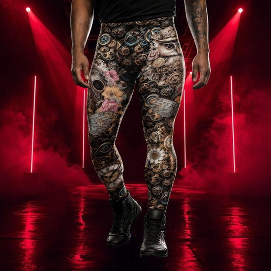 Man wearing steampunk leggings in a dark style