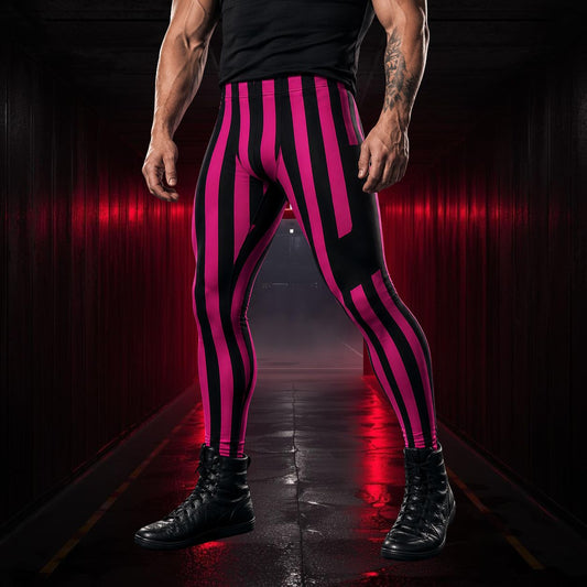 man wearing crimson and black striped leggings in a gothic stage set
