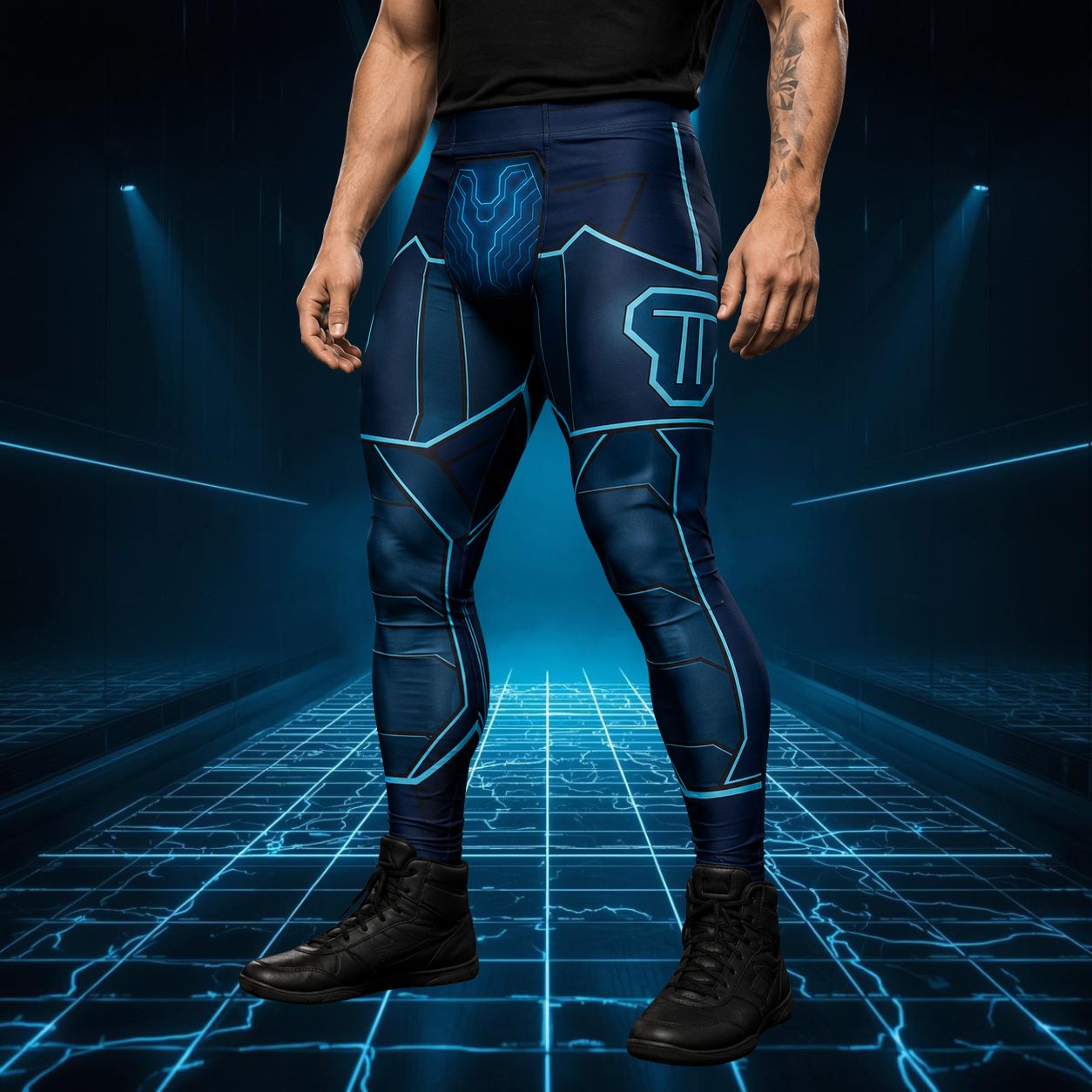 Person wearing futuristic blue leggings with glowing patterns on a dark background