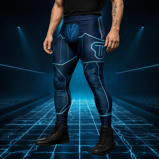 Person wearing futuristic blue leggings with glowing patterns on a dark background