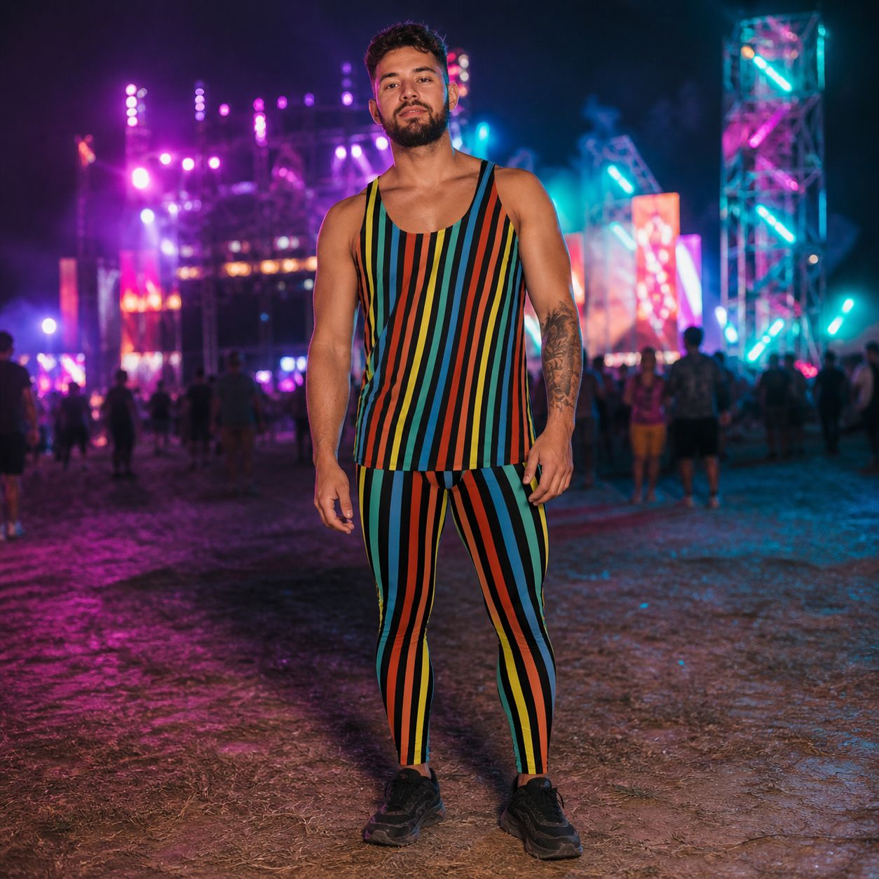 man wearing rainbow striped tank top and matching leggings in a festival setting.
